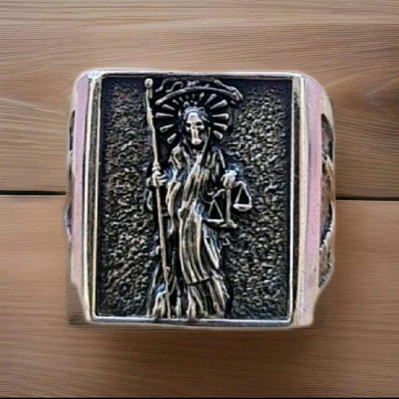 Handmade Santa Muerte Silver Ring: Divine Protection Skull Jewelry