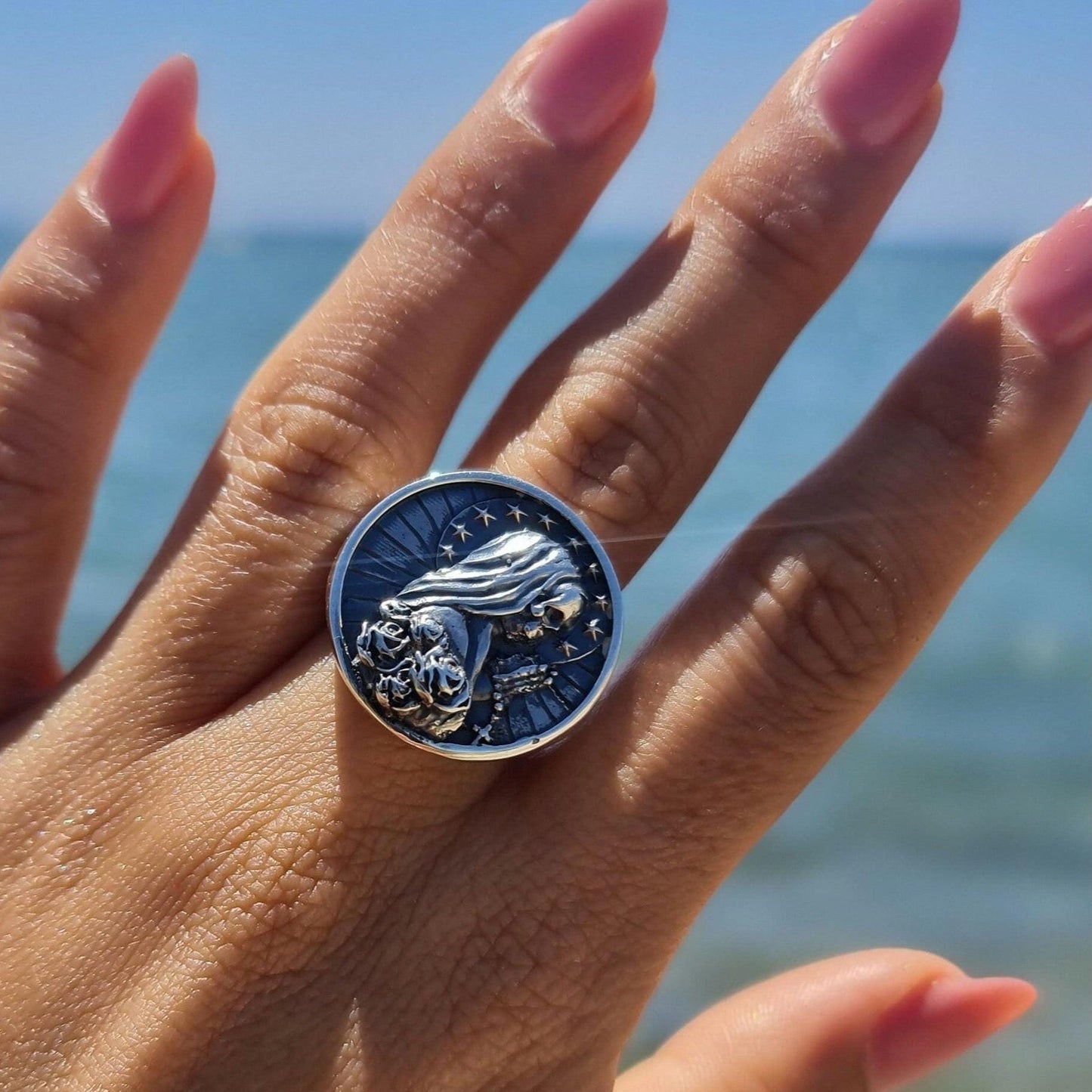 Handcrafted Santa Muerte 925 Silver Ring: Gothic Skull Jewelry