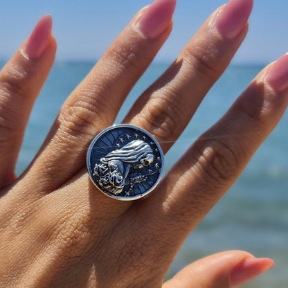 Handcrafted Santa Muerte 925 Silver Ring: Gothic Skull Jewelry