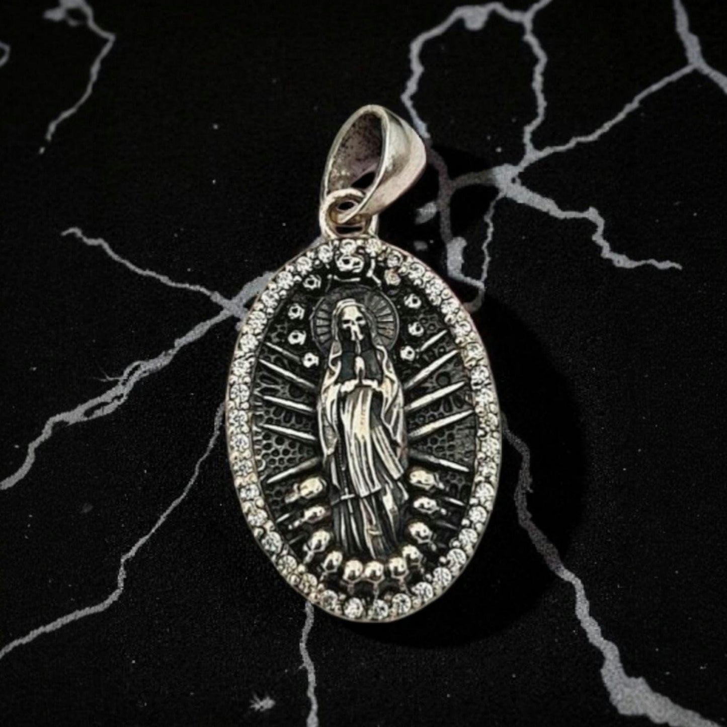 Sterling Silver La Santa Muerte Pendant: Gothic Zircon Skull Amulet
