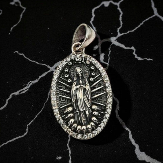 Sterling Silver La Santa Muerte Pendant: Gothic Zircon Skull Amulet