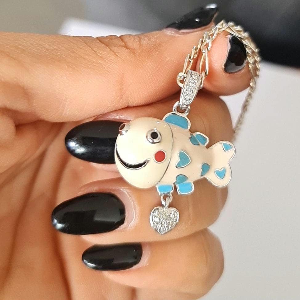 Silver Enamel Fish Necklace • 925 Sterling Silver Figaro Chain 50cm • Ocean Jewelry • Colorful Fish Pendant