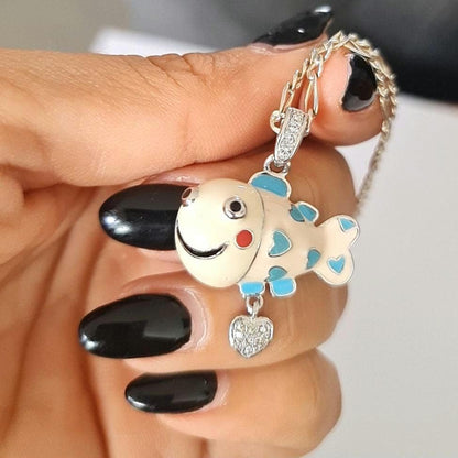 Silver Enamel Fish Necklace • 925 Sterling Silver Figaro Chain 50cm • Ocean Jewelry • Colorful Fish Pendant