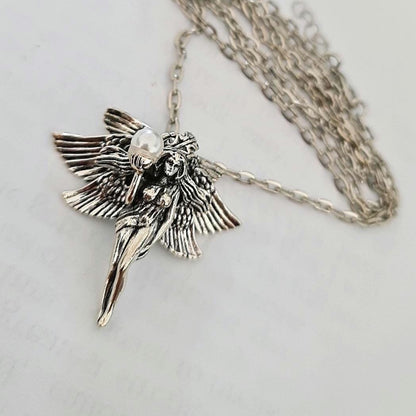 Retro Pearl Goddess Wing Angel Necklace  Unisex anime statement Necklace