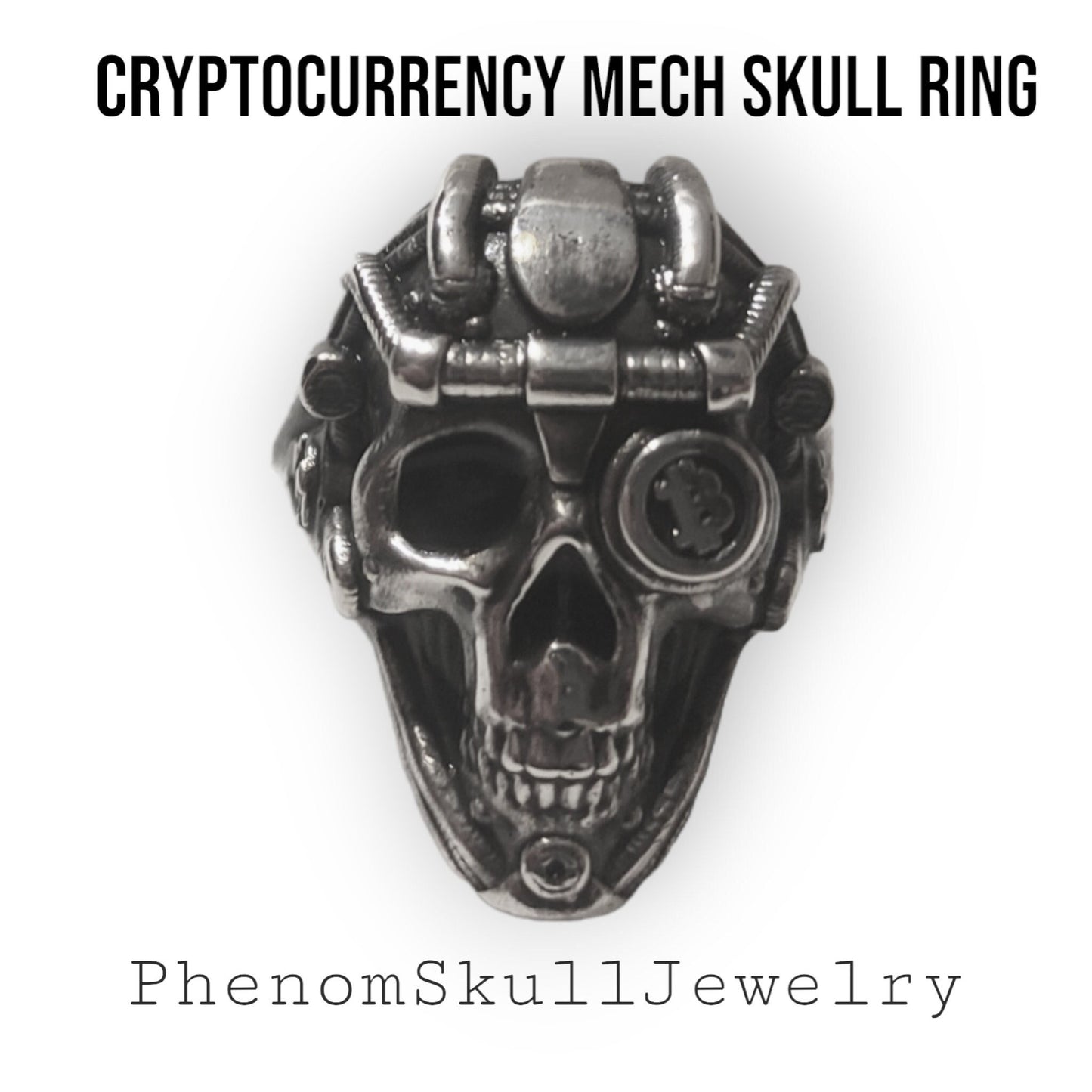 Handmade Sterling Silver Bitcoin Skull Ring: Gothic Crypto Jewelry