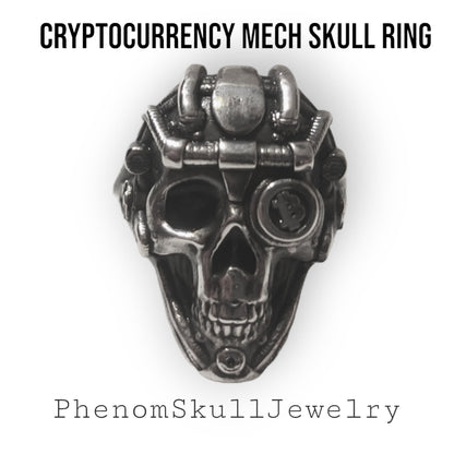 Handmade Sterling Silver Bitcoin Skull Ring: Gothic Crypto Jewelry