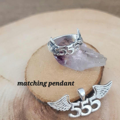 555 Angel wing  Sterling Silver Ring - symbolise change  -signifies adventure & open-mindedness