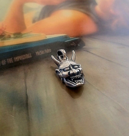 Sterling Silver Japanese Oni Mask Pendant: Gothic Biker Jewelry
