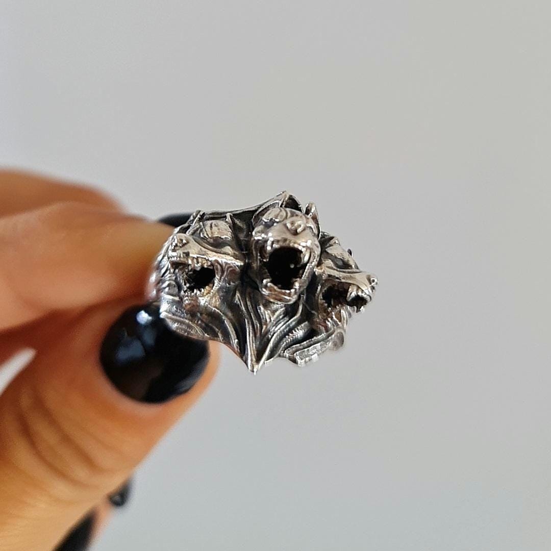 Cerberus Silver Ring • Three Headed Dog Mythology Jewelry • Greek God Hades Guardian Ring • Gothic Statement Gift for Him or Her