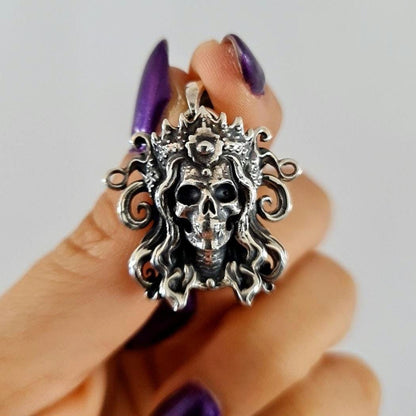 Sterling Silver Crowned Skull Pendant: Gothic Biker Jewelry