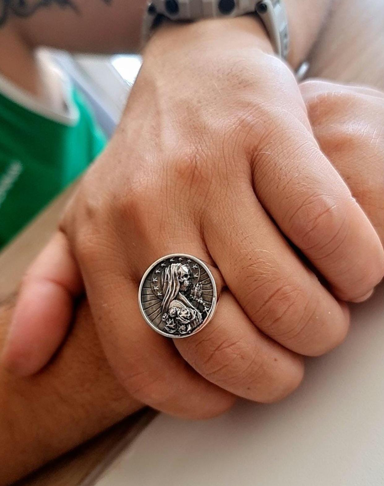 Handcrafted Santa Muerte 925 Silver Ring: Gothic Skull Jewelry