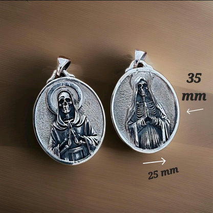925 Silver Santa Muerte Pendant: Gothic Praying Skull Necklace