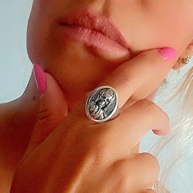 Handmade Santa Muerte Skull Ring: Gothic 925 Silver Jewelry