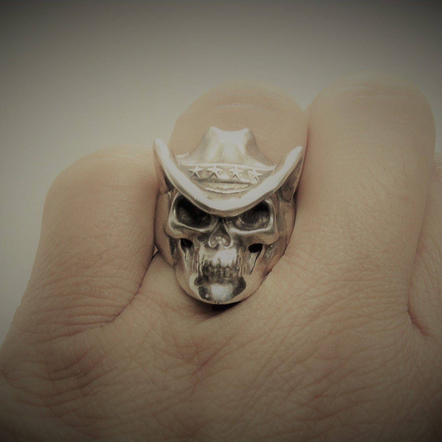 Handmade Sterling Silver Cowboy Skull Ring - Gothic Biker Jewelry
