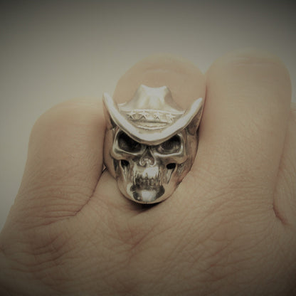 Handmade Sterling Silver Cowboy Skull Ring - Gothic Biker Jewelry