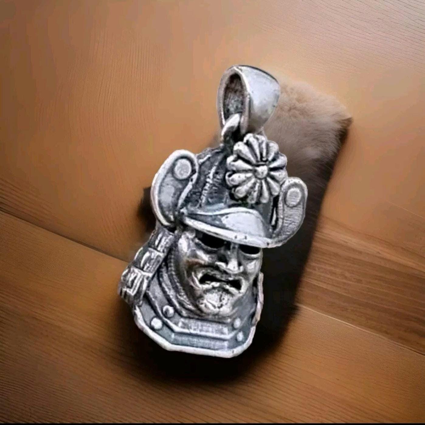 Handmade Sterling Silver Samurai Mask Pendant: Gothic Japanese Necklace