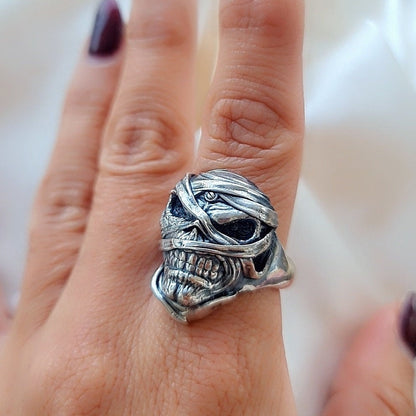 Iron Maiden Powerslave - Eddie Mummy Skull Ring – Egyptian Rock Jewelry – Unique Heavy Metal Statement Handmade Sterling Silver