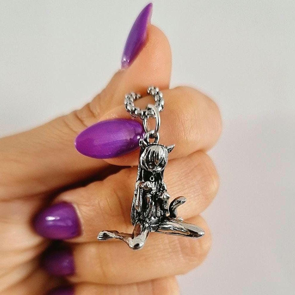 Anime Catgirl Pewter Necklace: Art Deco Cosplay Jewelry