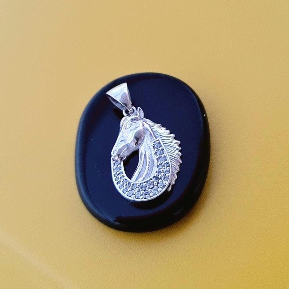 Sterling Silver Horse Pendant: Zircon Horseshoe Equestrian Necklace