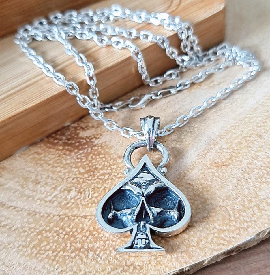 Handmade Sterling Silver Ace of Spades Skull Pendant: Gothic Punk Jewelry