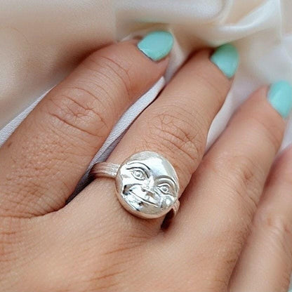 Handmade Sterling Silver Full Moon Face Ring: Celestial Jewelry