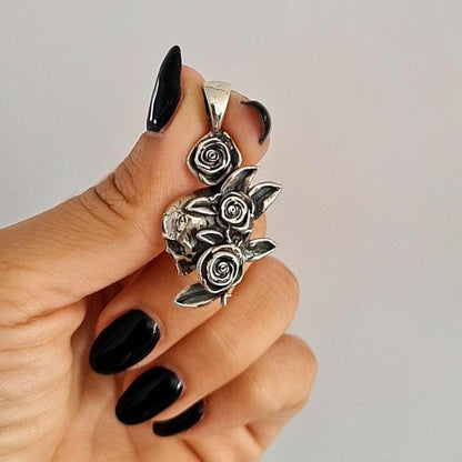 Gothic Skull & Roses Silver Pendant | Dark Rose Skull Charm | Alternative Witchy Jewelry