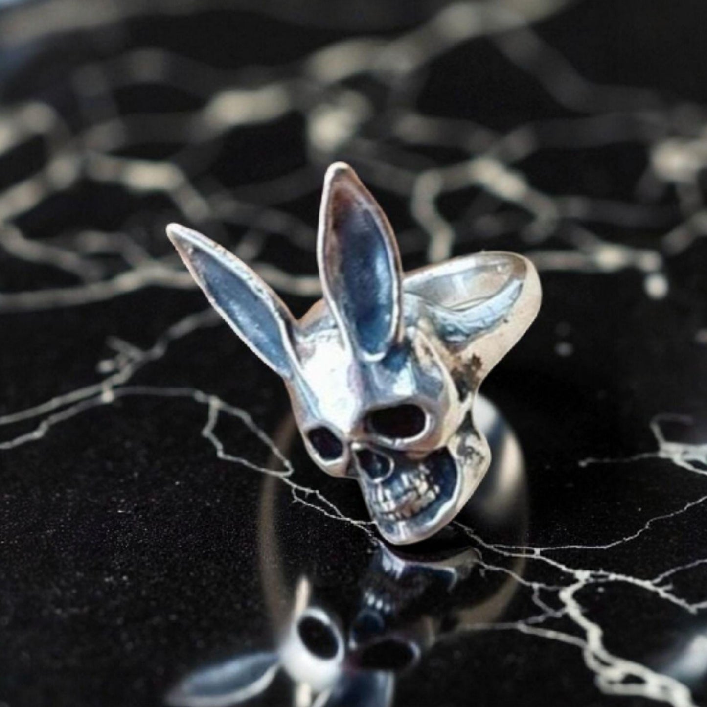 Handmade Sterling Silver Bunny Skull Ring: Gothic Statement Jewelry