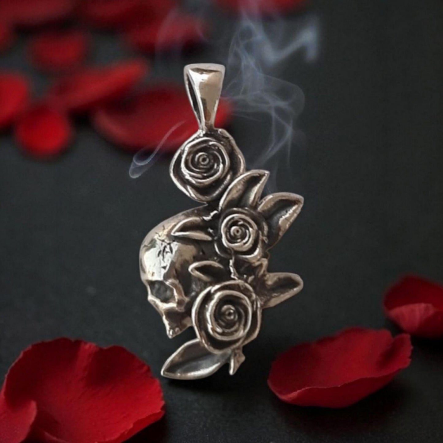 Gothic Skull & Roses Silver Pendant | Dark Rose Skull Charm | Alternative Witchy Jewelry