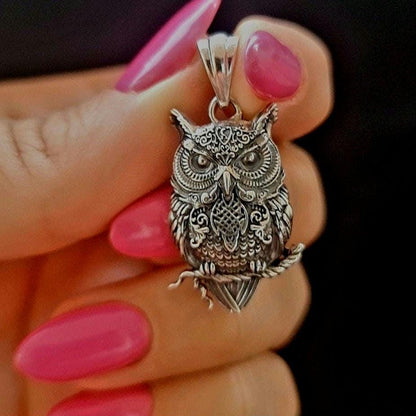 Silver Owl Pendant, Handmade Bird Necklace for Men and Women, Unique Animal Charm,