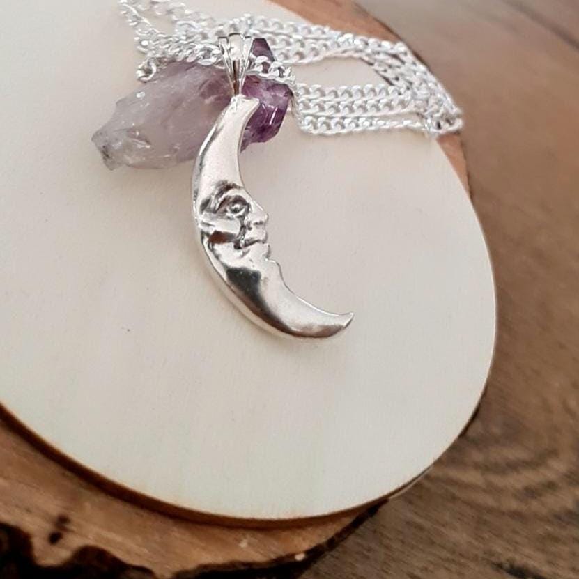 Crescent Moon Face Pendant  925 Sterling Silver - Unique Handcrafted