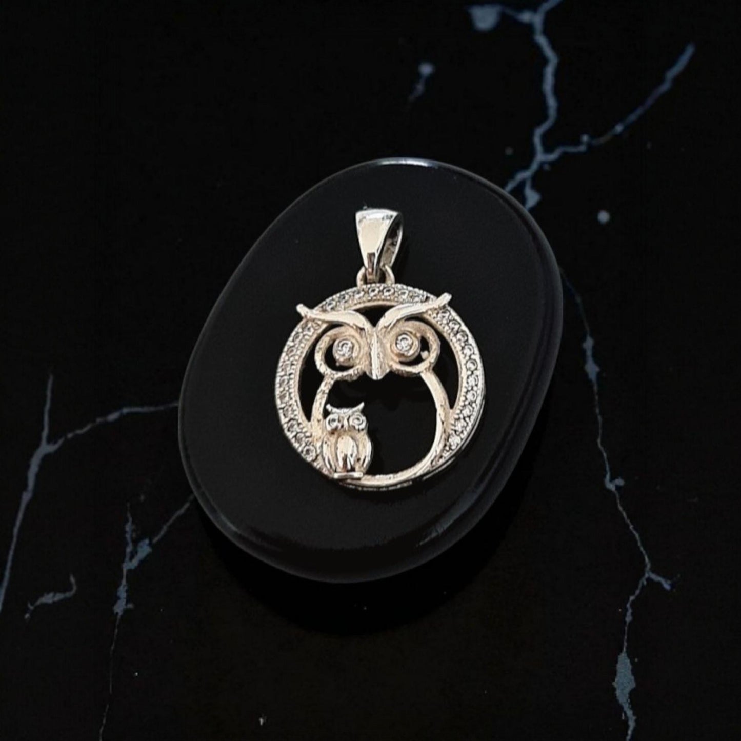 Sterling Silver Mummy & Baby Owl Pendant: Sparkling Stone Eyes