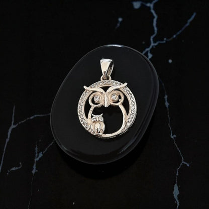 Sterling Silver Mummy & Baby Owl Pendant: Sparkling Stone Eyes