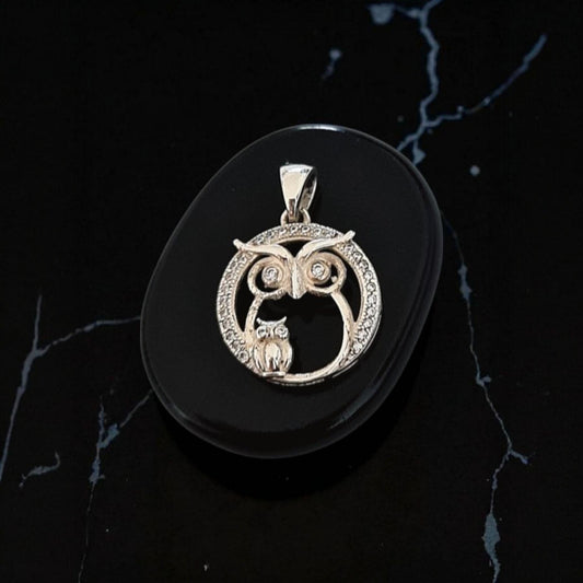 Sterling Silver Mummy & Baby Owl Pendant: Sparkling Stone Eyes