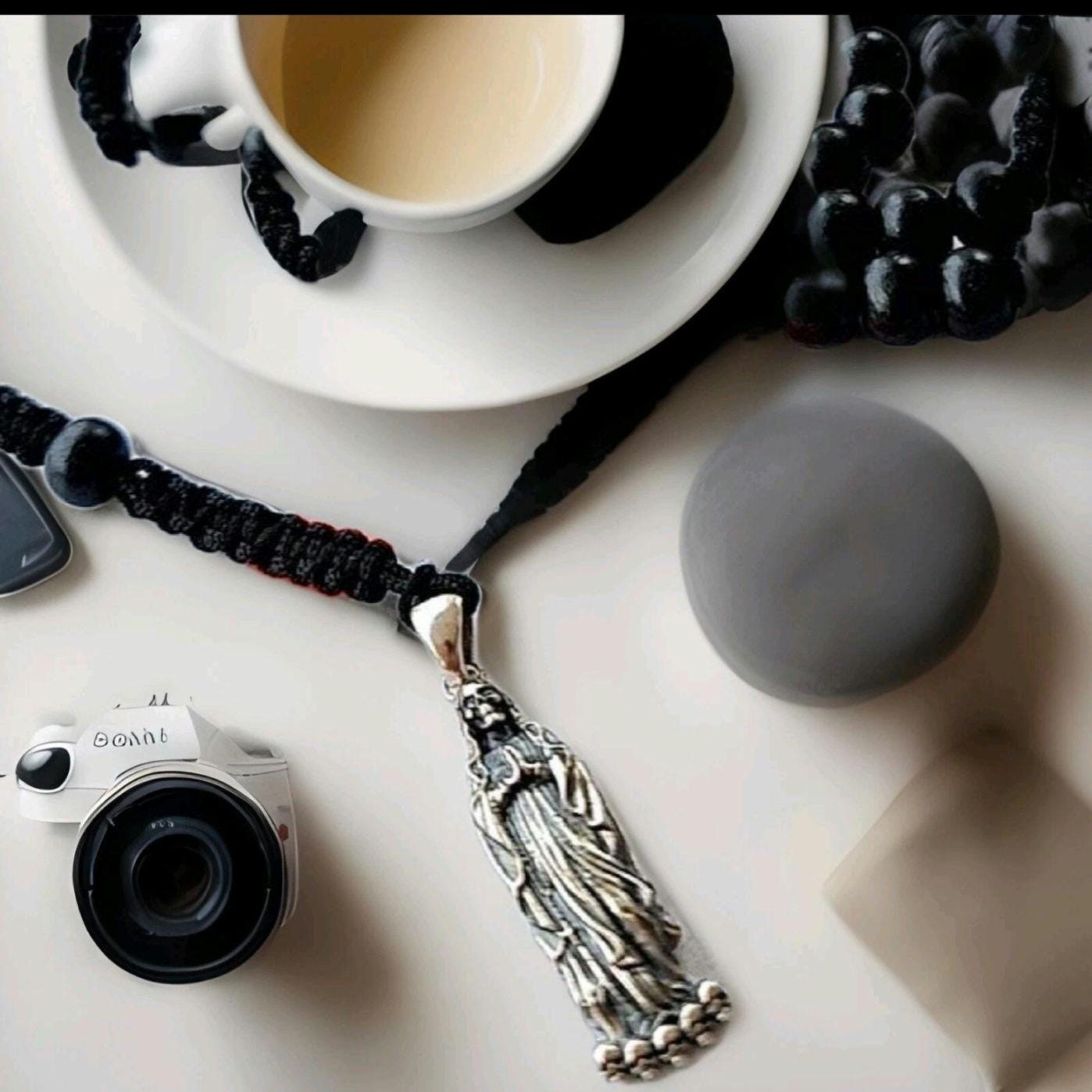 Handmade 925 Silver Santa Muerte Rosary Necklace: Gothic Grim Reaper