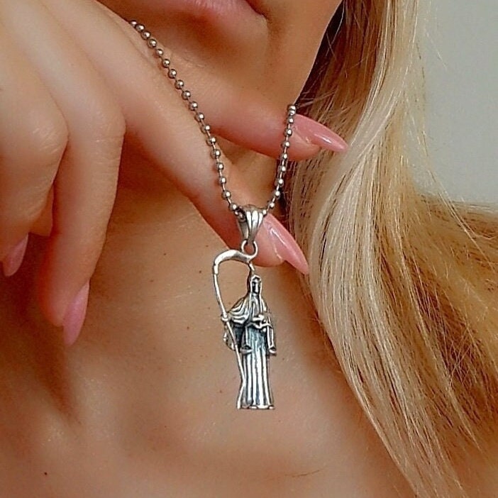 Handmade Gothic Santa Muerte 925 Silver Pendant