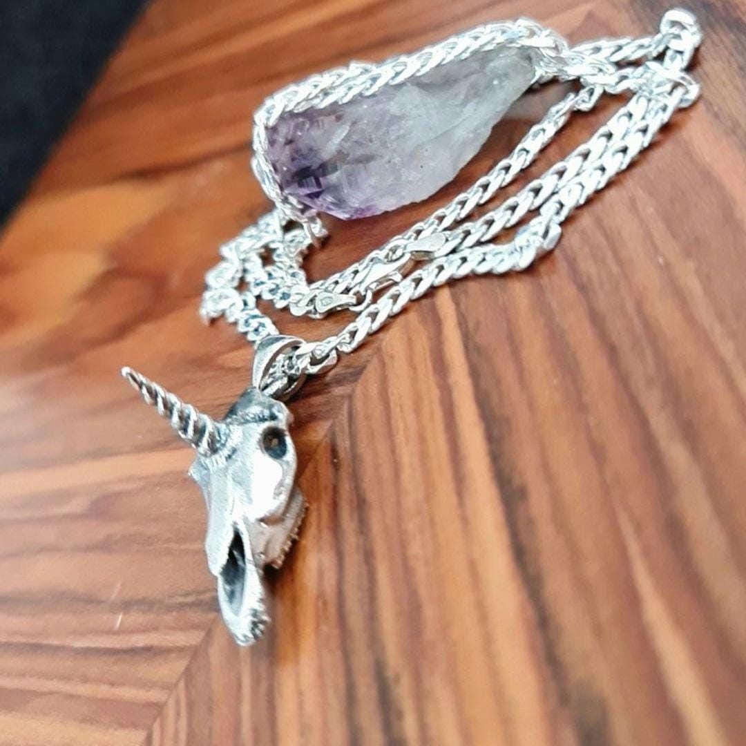 Unicorn Skull Pendant – Sterling Silver  – Mythical Skeleton Jewelry – Enchanted Animal  – Gothic Fantasy Gift