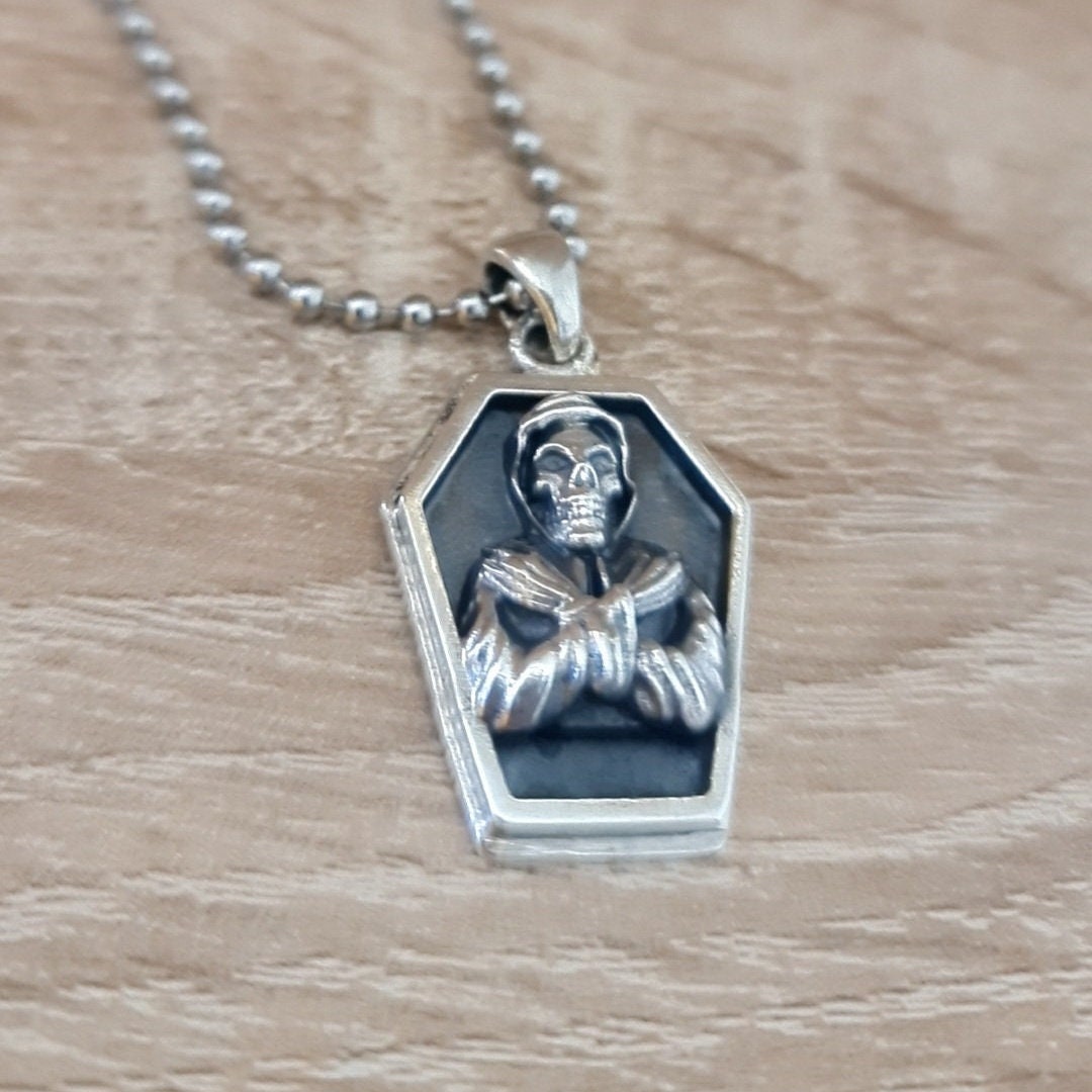 Handmade Sterling Silver Misfits Skull Coffin Pendant - Gothic Horror