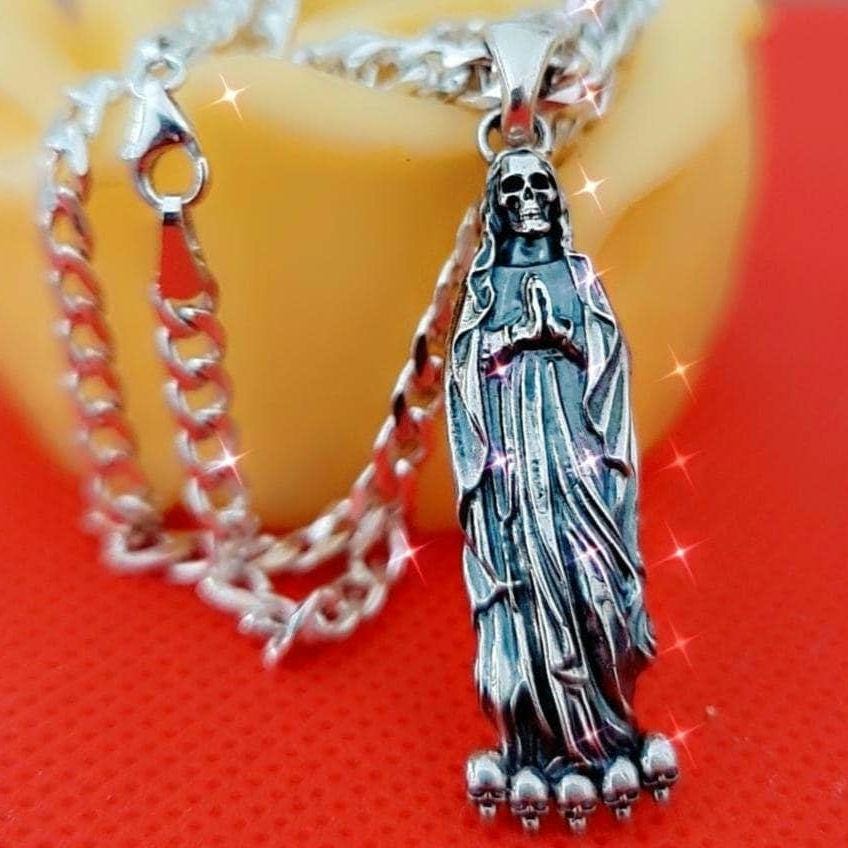 Handmade Santa Muerte Pendant  Sterling Silver Gothic Necklace