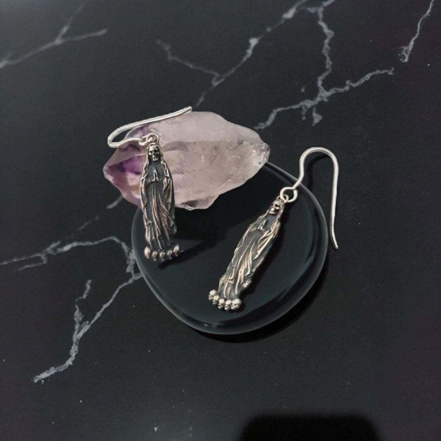 Santa Muerte Dangle Earrings Handmade 925 Sterling Silver - Beautifully Crafted Grim Reaper earrings