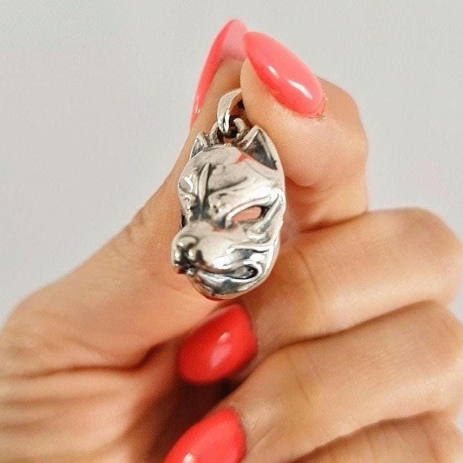 Sterling Silver Japanese Kitsune Fox Mask Pendant: Edgy Inari Necklace