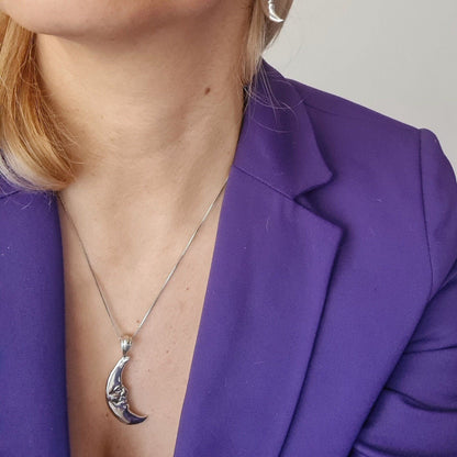 Crescent Moon Face Pendant  925 Sterling Silver - Unique Handcrafted
