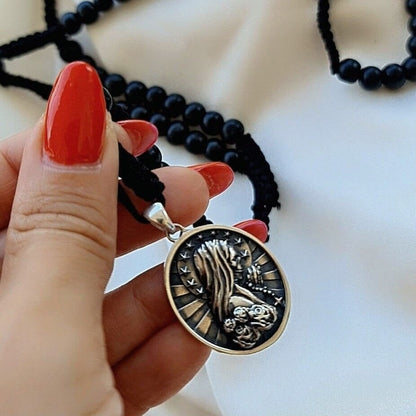 Handmade Santa Muerte Rosary Necklace: 925 Silver Praying Pendant