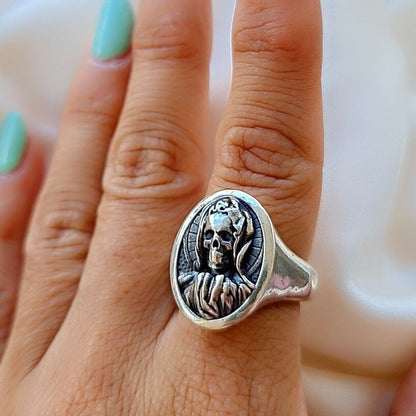 Handmade Santa Muerte Skull Ring: Gothic 925 Silver Jewelry