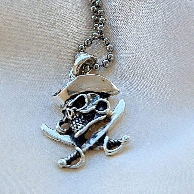 Handmade Silver Pirate Skull Necklace: Cross Swords Pendant