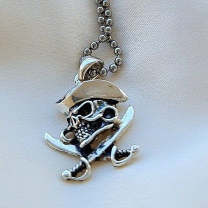 Handmade Silver Pirate Skull Necklace: Cross Swords Pendant