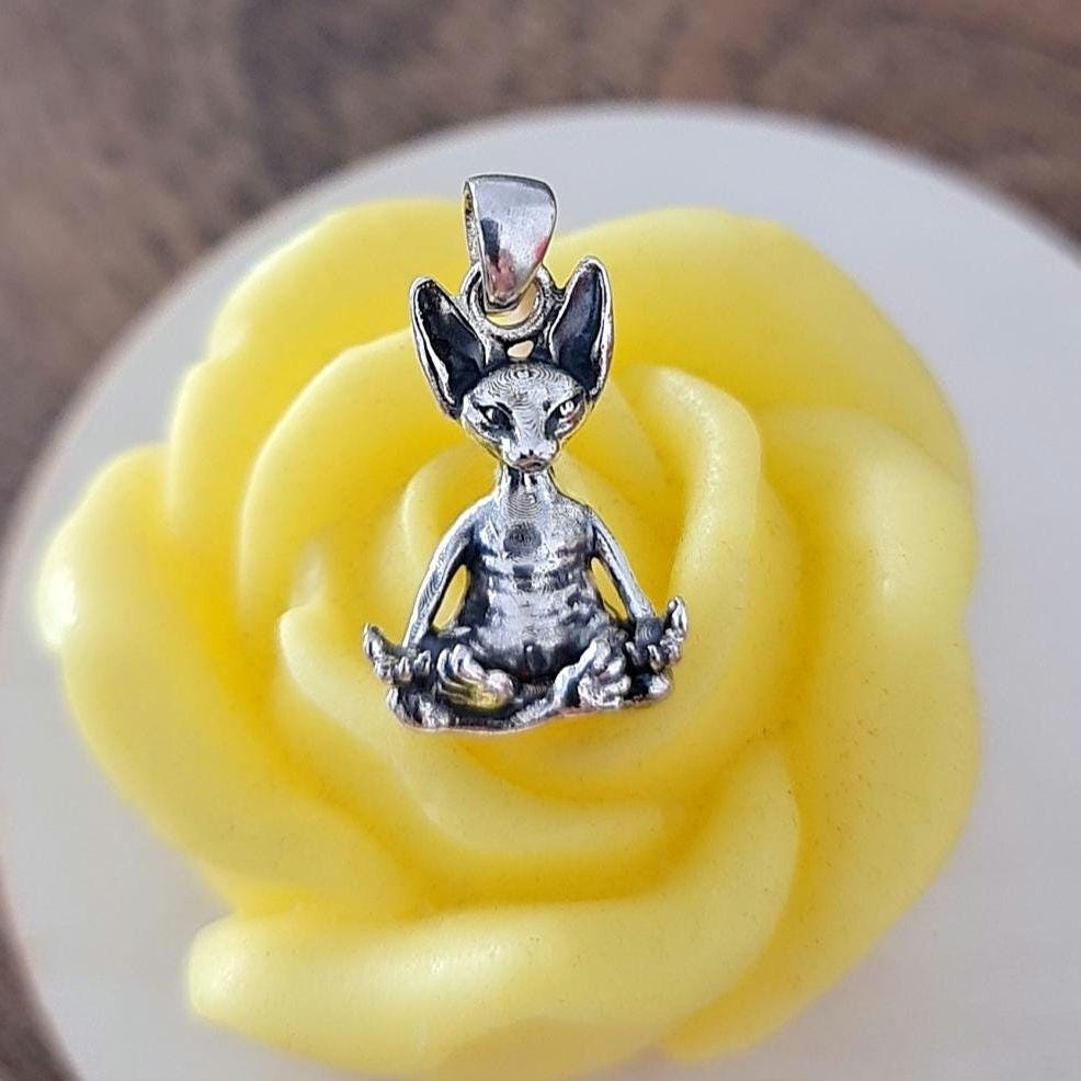 Handmade Sterling Silver Sphynx Cat Pendant: Zen Yoga Pose