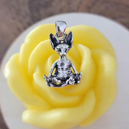 Handmade Sterling Silver Sphynx Cat Pendant: Zen Yoga Pose