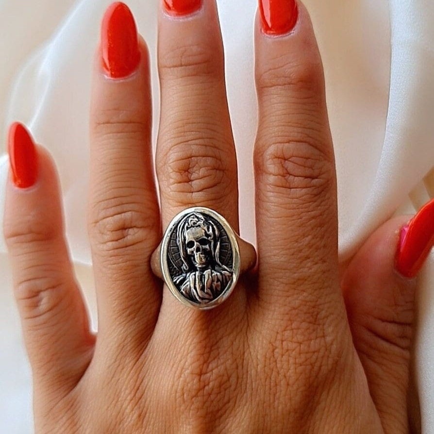 Handmade Santa Muerte Skull Ring: Gothic 925 Silver Jewelry