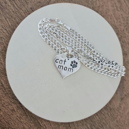 Handmade Sterling Silver Cat Mom Heart Pendant - Paw Print Charm