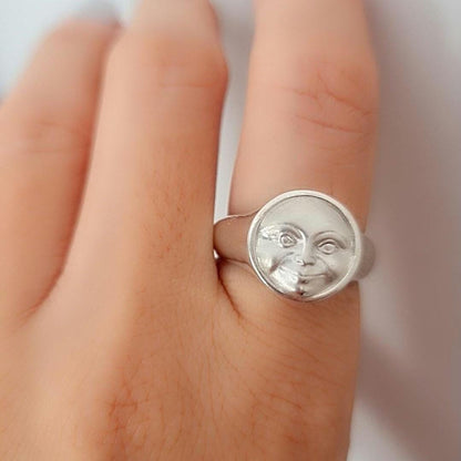 Handmade Sterling Silver Full Moon Face Ring: Celestial Jewelry